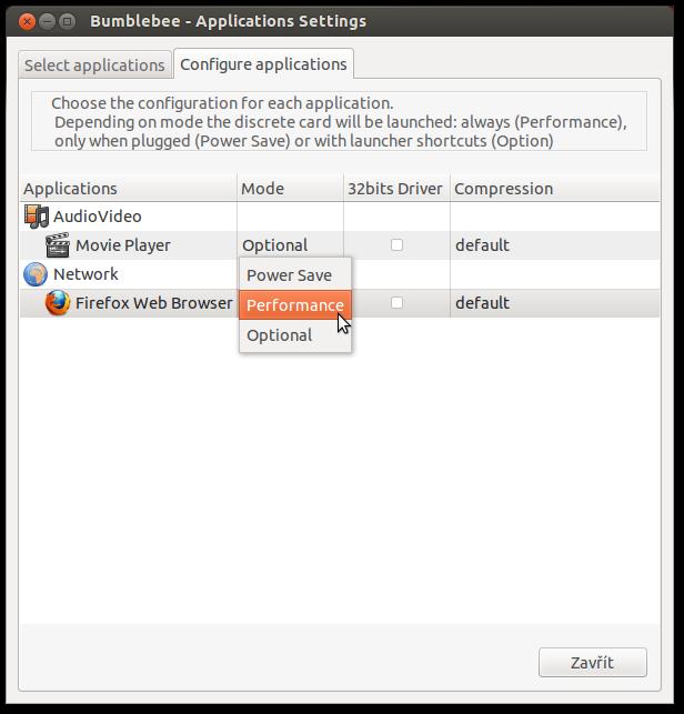 bumblebee kde máte ve sloupci Mode na výběr Optional=Default(Intel), Performance=Nvidia, Power Save=Intel.