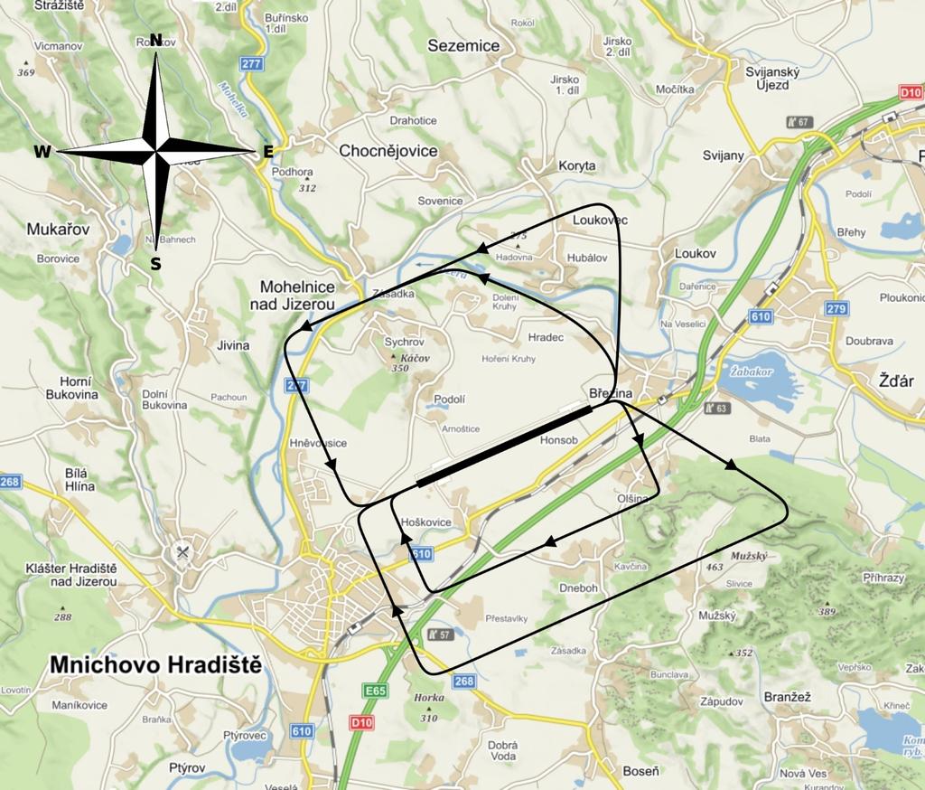 PŘÍLOHA Č. 4 Přílety a odlety letadel, provozní okruh, dráha v používání 07 Po vzletu z RWY 07 točit mimo obec Březina.