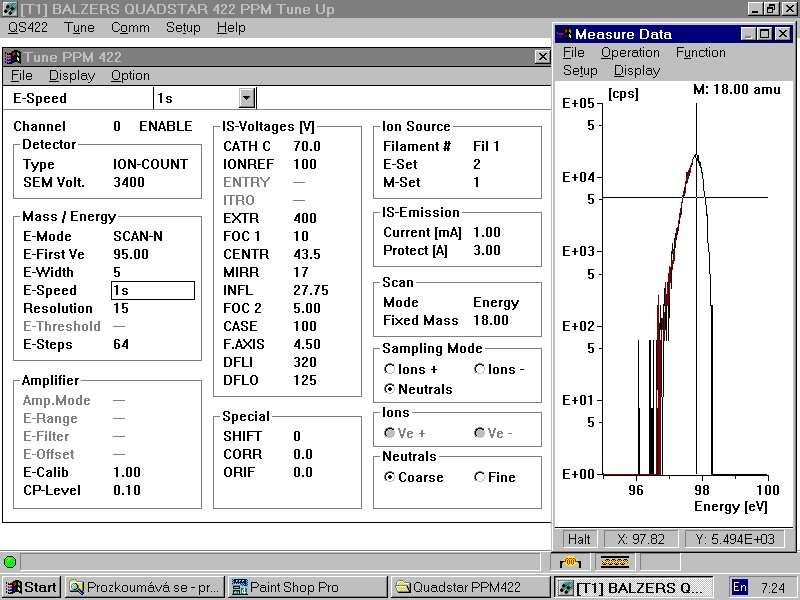 3.3. POSTUP PŘI MĚŘENÍ 23 3.3 Postup při měření Obrázek 3.2: Ukázka programu Tune Up Měření, která budeme provádět, lze rozdělit do dvou celků, hmotová analýza neutrálů a energiová analýza iontů.
