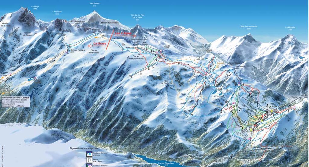štíty hor. Lyžování a snowboarding Les 2 Alpes se řadí svými 227 km sjezdovek mezi největší lyžařské oblasti francouzských Alp.