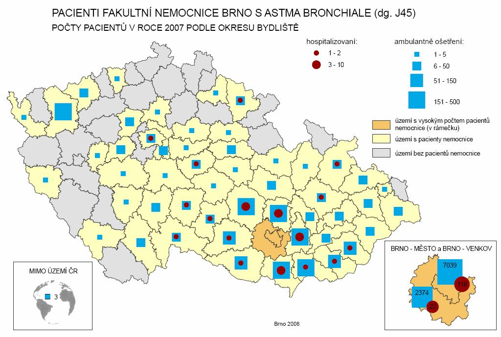 Obr. 3: Ukázka kartografického výstupu ambulantně ošetřených a hospitalizovaných ve
