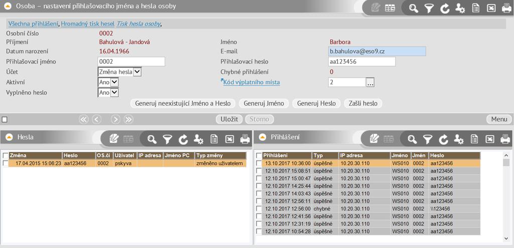 3.7 Nastavení přihlašovacího jména a hesla osoby: Zobrazuje všechny osoby zadané v PAM (mimo uchazečů).