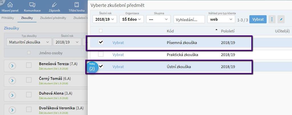 všichni žáci vyfiltrovaného oboru) budou mít jako povinné vybrané zkoušky. Zkušební předměty nezapomeňte doplnit v sekci Zkoušky > zkušební předměty.