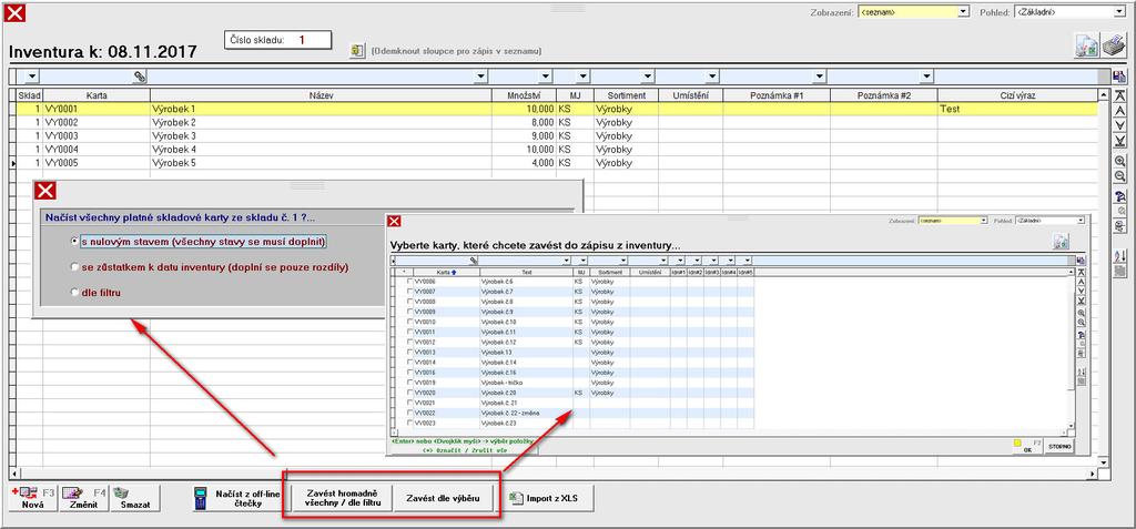 Vylepšené byly i funkce při zápisu údajů z provedené inventury. Nově lze navést seznam karet dle filtrů nebo dle výběru (např. karty pouze vybraného sortimentu, dle ručního výběru atd.).