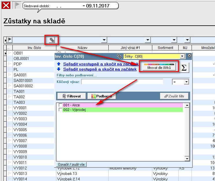 Filtrování dle štítků v zobrazení přehledů Filtrovat dle identifikačních štítků skladových karet resp. štítků u partnerů lze nyní v přehledech.