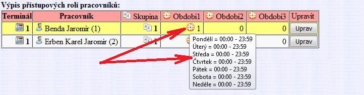 Ve sloupečcích období 1 až 3, pokud jsou nenulové, lze rovněž najet myší na ikonu hodin a program ukáže, jaké časové intervaly povoleného přístupu má zvolené období nastaveno.