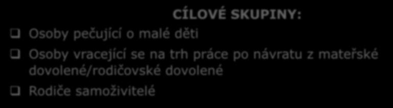 II. výzva OP Zaměstnanst (2019) pdpra prrdinných patření CÍLOVÉ SKUPINY: Osby pečující malé děti Osby vracející se na trh práce p návratu z mateřské dvlené/rdičvské dvlené Rdiče samživitelé MUSÍ BÝT