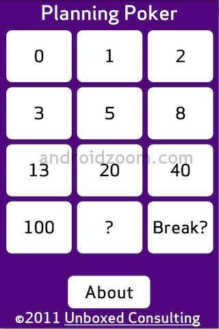 V aplikaci jsou následující, ne zcela typické hodnoty karet, které jsou všechny Fibonacciho posloupností: 1/2, 1, 2, 3, 5, 8, 13, 21, 34, 55, 89, 144,? a break.