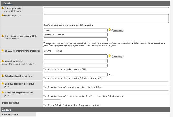 Zobrazí se formulář registrace projektu, který má několik sekcí.