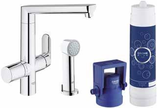 780 Kč set obsahuje: dřezová baterie GROHE Blue s otočnou výtokovou trubicí, dvoucestná armatura, oddělené vedení vody, výměnný filtr 600 l 31 344