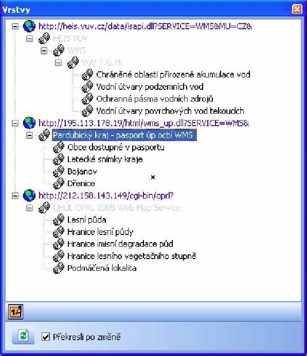 WMS zdroje - nastavení WMS zdrojů s možností výběru datových vrstev - automatické