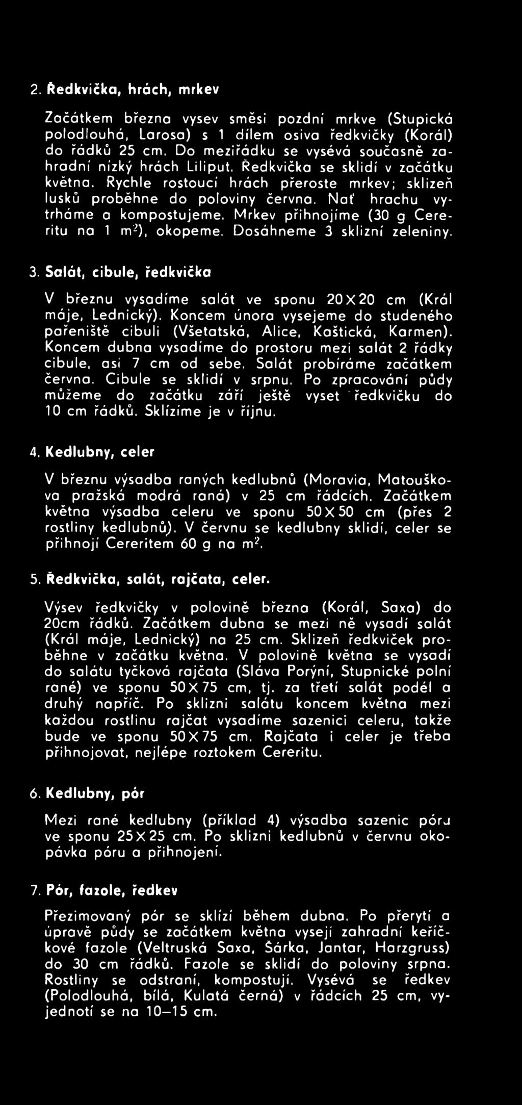 Koncem února vysejeme do studeného pařeniště cibuli (Všetatská, A lice, Kaštická, Karmen). Koncem dubna vysadíme do prostoru mezi salát 2 řádky cibule, asi 7 cm od sebe.