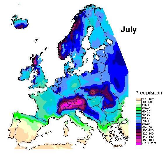 Klima Evropy Rozložení srážek v zimě a létě