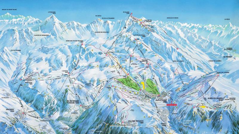 ALPE D HUEZ (Oz en Oisans) v minulosti nejlepší poměr kvality a ceny 250 km úchvatných sjezdových tratí vysoká nadmořská výška a ledovec La Sarenne = celosezónně vynikající sněhové podmínky La