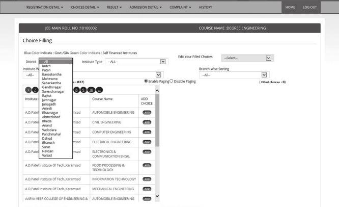 2. For filling up of the choices of courses and institutes the candidate has to login to the website www.gujacpc.nic.