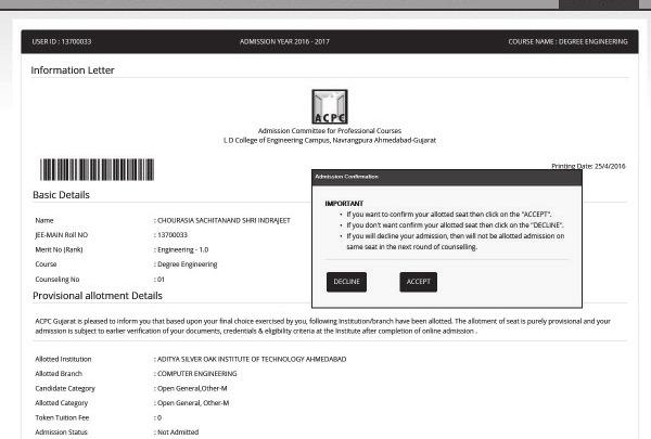 Fig. 3.15 Admission Confirmation in case of Zero Fee 3.5 PROCEDURE FOR CONFIRMATION OF ALLOTTED ADMISSION ({ u «ðuþlkkt CONFIRMATION {kxulke «r Þk) : 1.