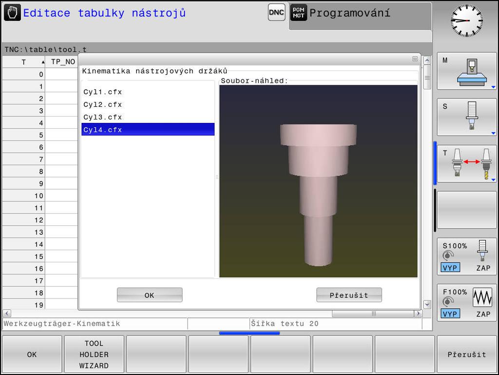 4 Nástroje Správa držáků nástrojů Přiřadit parametrizovaný držák nástrojů Aby řízení zohlednilo výpočetně parametrizovaný držák nástroje, musíte ho přiřadit nástroji a nástroj znovu vyvolat.