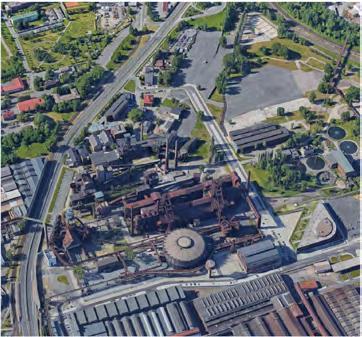 mapa areálu Jantarová stezka Místecká T Vítkovická 1 Compress Hall 2 Lezecká stěna Tendon Hlubina 3 Brick House 4 Těžní věž, prohlídková trasa 5 Stará kotelna 6 Klub Heligonka 7 Vilka Hlubina 8