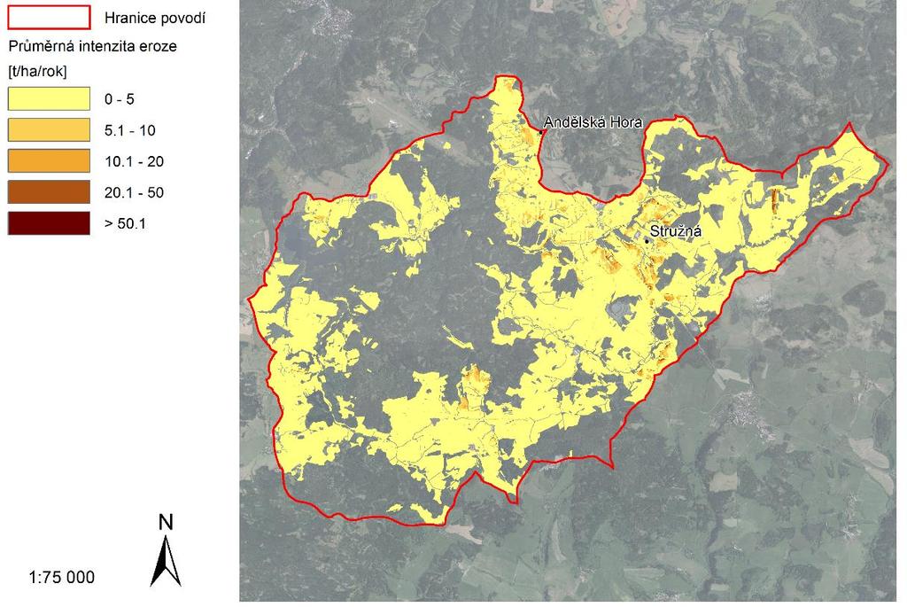 11 Intenzita eroze v povodí vodní nádrže Stanovice Největší popisovaná oblast je povodí vodní nádrže Vrchlice s rozlohou téměř