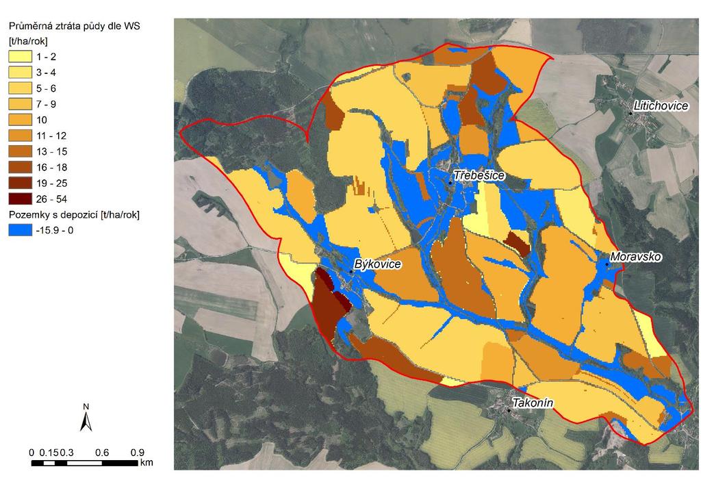 Transport půdy a fosforu vodní erozí Ing. Barbora Jáchymová Obr. 6.8 Průměrná roční ztráta půdy na pozemcích (WaTEM/SEDEM) 6.2.2 Výsledky podíl rozpuštěného fosforu Souhrnné výsledky (Tab. 6.4) ukazují, že skutečnost, že prezentovaná povodí se výrazně liší svým charakterem (viz kapitola 3.
