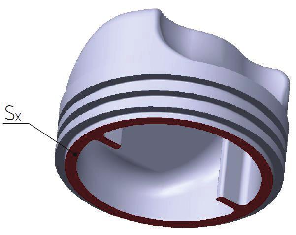 Stejně jako při namáhání oka ojnice setrvačnými silami posuvných hmot bude při nezapálení směsi namáhán nejslabší průřez pístu na tah od setrvačných sil koruny pístu.