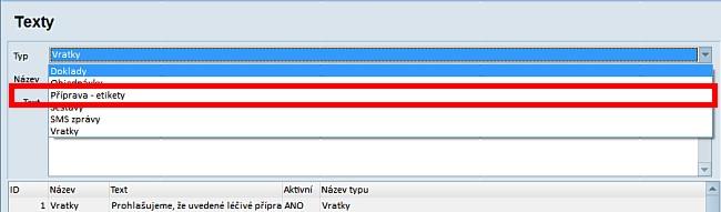 Příloha 1. Použití podrobných etiket v přípravě IPLP Číselník textů ( Číselníky / Pomocné číselníky / Texty ) byl upraven tak, že se dají vybrat různé typy textů.