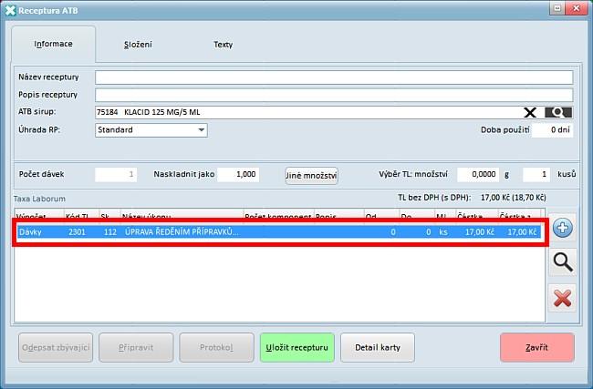 Otevře nový formulář Receptura ATB na záložce Informace s položkou ATB sirupu, kterou jsme vybrali v rychlém vstupu předvyplněnou v poli ATB Sirup Stejně jako u běžných receptur zadáme název