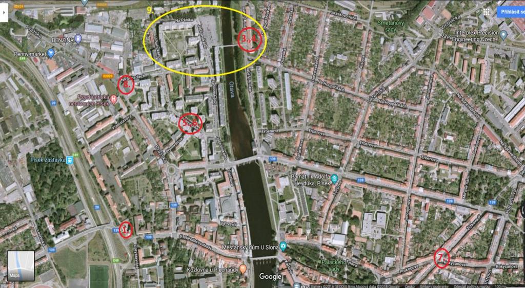 Mapa č. 1 Ubytovny a lokality Portyč a nábřeží 1. máje, Písek Zdroj: https://www.google.