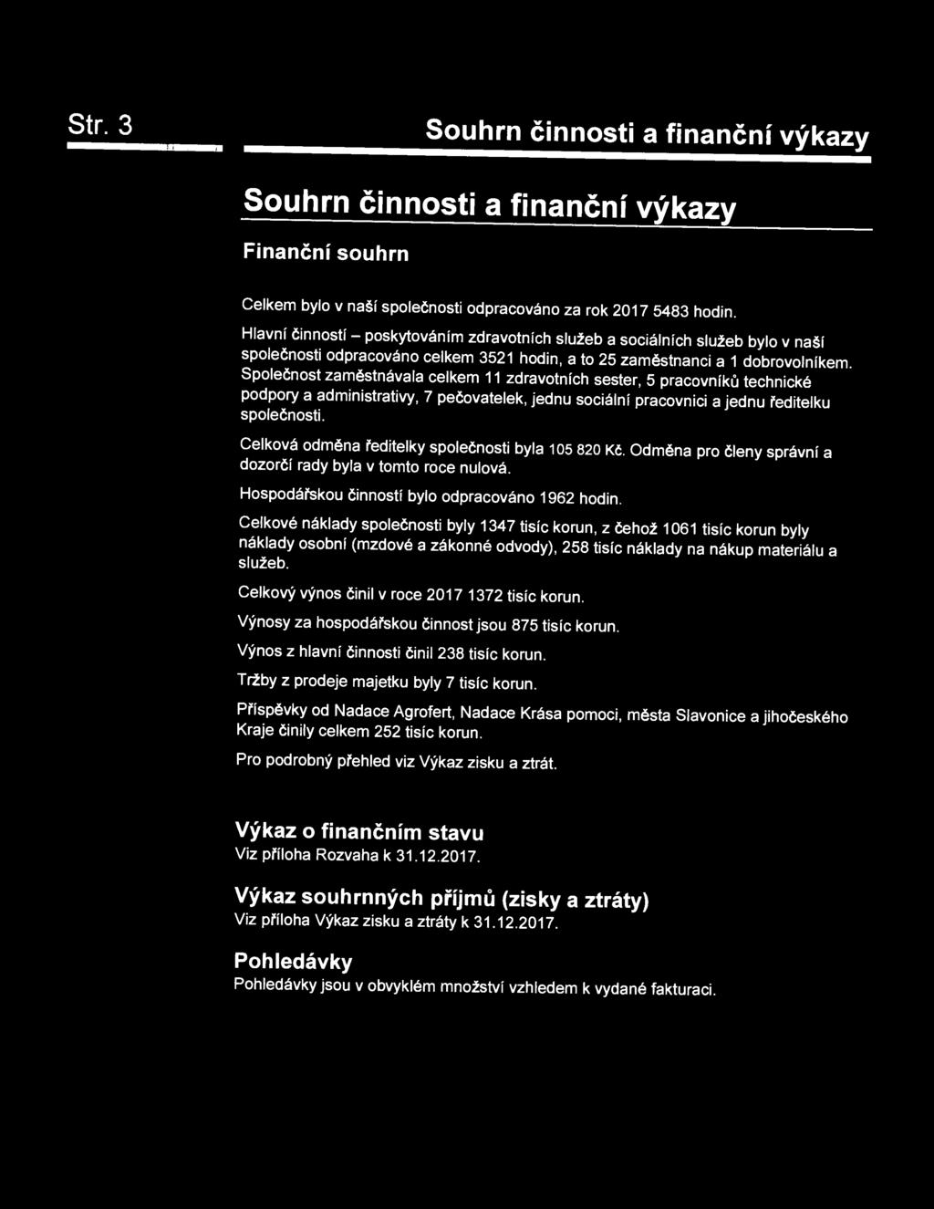 Str. 3 Souhrn činnosti a finanční výkazy Souhrn činnosti a finanční výkazy Finanční souhrn Celkem bylo v naší společnosti odpracováno za rok 2017 5483 hodin.