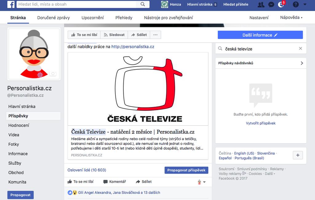 Pracovní portál Personalistka.cz úspěšně zviditelní Vaší firmu / společnost na trhu práce. Personalistka.cz pravidelně oslovuje tisíce uživatelů na sociálních sítích.