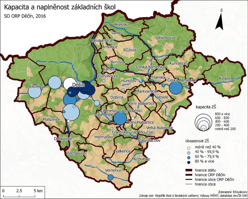 Následující text byl vztažen k mapě na další straně: Celkem do základních škol na území SO ORP Děčín dojíždí mimo svou obec bydliště 1120 žáků.