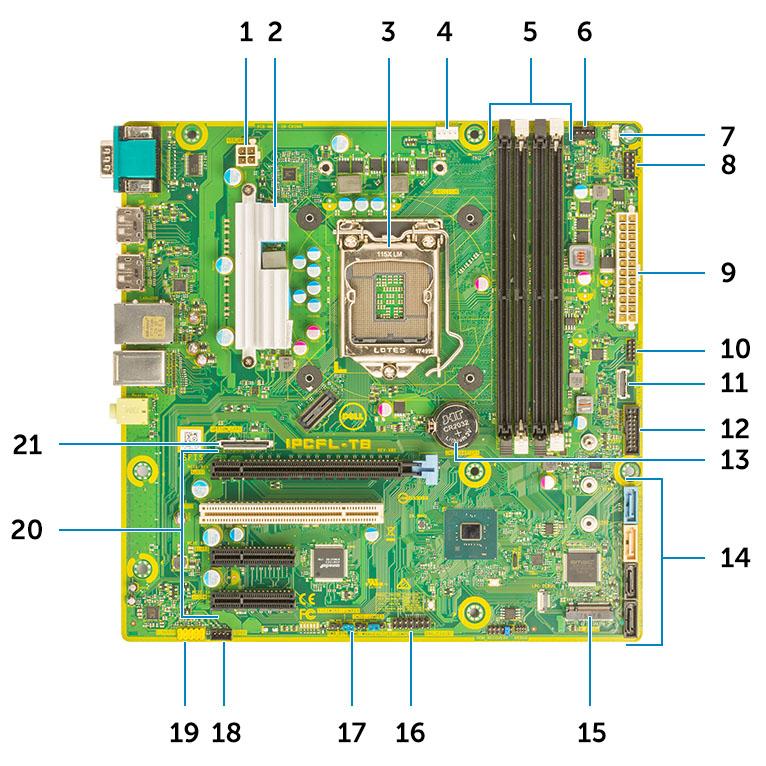 Rozložení základní desky Součásti základní desky v systému typu Tower 1 Napájení (procesor) 2 Chladič VR (dostupný pouze s 95W řešením chlazení) 3 patice procesoru, 4 konektor ventilátoru procesoru 5