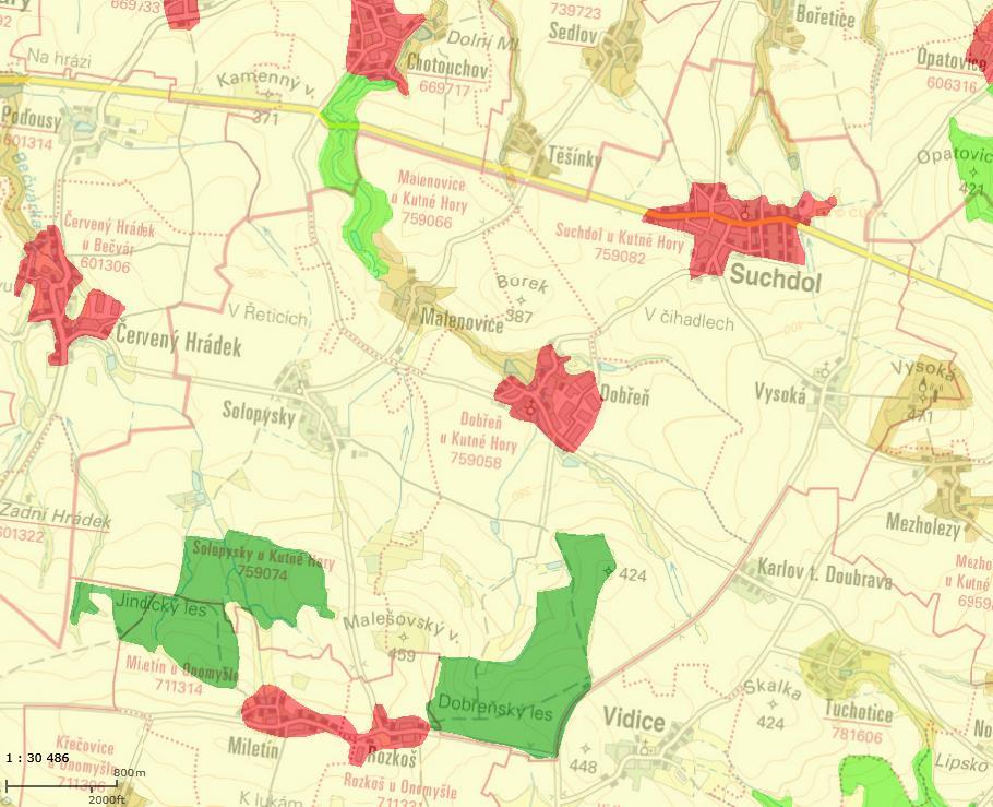 Obrázek 20: Mapa využití půdy dle Corine land cover 2012 (žlutá plocha značí ornou půdu, tmavě žlutá různorodé zemědělské plochy, červené plochy značí obytné plochy a zelené lesní půdu), zdroj : mapy.