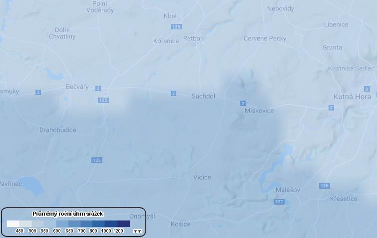 Obrázek 4: Městys Suchdol na mapě průměrných ročních srážek, zdroj: http://158.194.229.229/app/stepanova10/map.
