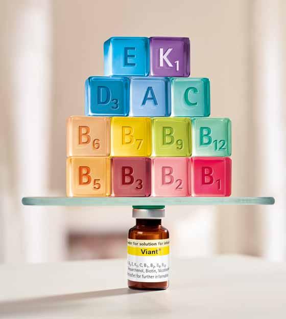 Multivitaminový přípravek pro parenterální aplikaci Obsahuje 13 vitaminů Spektrum a obsah vitaminů odpovídá 100% doporučení 2, 3, 4 ESPEN Obsahuje vitamin K 1 All-in-one.