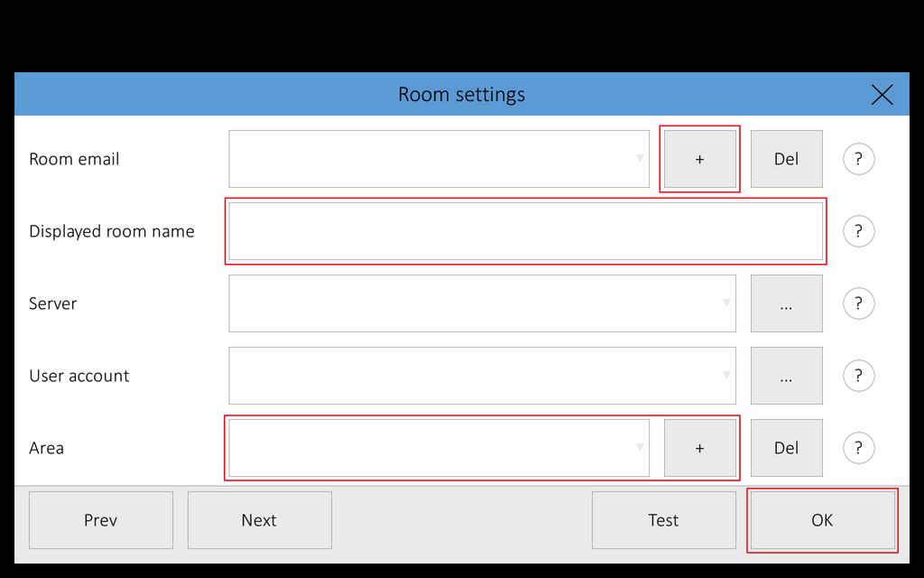 Průvodce nastavením Konfigurace panelů touchone Nyní zbývá nastavit účet místnosti. Stiskněte + na řádku Room email ( E-mail místnosti ) a zadejte e-mail účtu místnosti (např. demoroom@cue.local ).