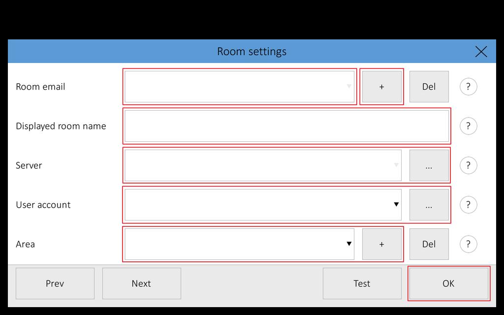 Průvodce nastavením Konfigurace panelů touchone Na následující obrazovce Room settings ( Nastavení místnosti ) si můžete přidat e-mail účtu další místnosti (tlačítko + ) nebo si vybrat z již