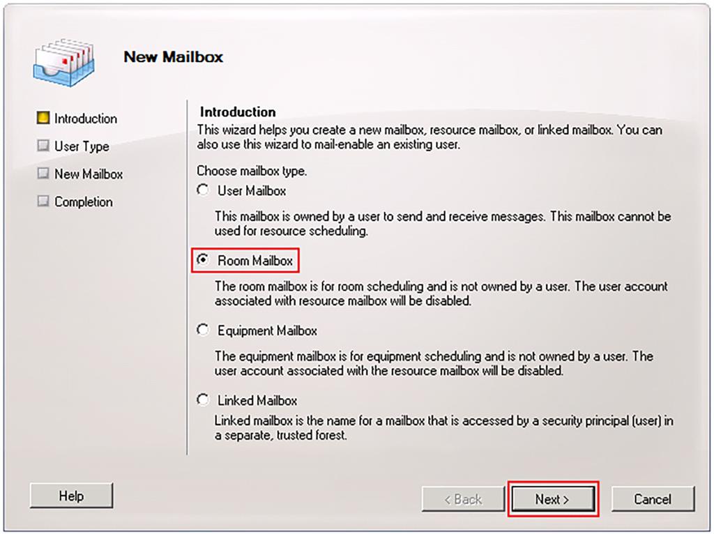 Průvodce nastavením Nastavení účtů v Microsoft Exchange Serveru 4. Zvolte Room Mailbox a klikněte na tlačítko Next.