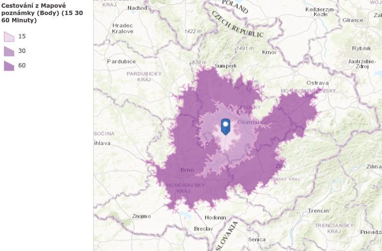 Graf 2 Dojezdové vzdálenosti autem ve spádové oblasti od Prostějova Na základě těchto dat dojezdové vzdálenosti autem od Prostějova byl modelován