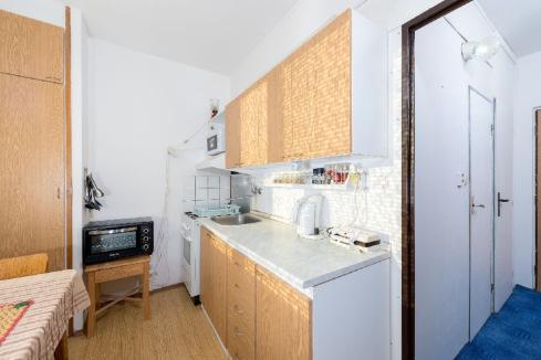 Disponuje vstupní chodbou, koupelnou s vanou a WC, obývacím pokojem a kuchyňským koutem a komorou.
