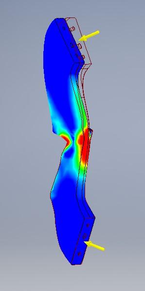 73 Orientační pevnostní analýza modelu rukojetě Na obr. 73 lze vidět orientační pevnostní analýzu vytvořeného 3D modelu. Působící zatížení je záměrně navýšeno, aby vynikla kritická místa konstrukce.