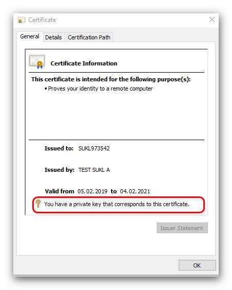 Certifikát musí být naimportován včetně privátního klíče (soubor PFX): Následně je možné přistoupit k rozhraní webových služeb přes URL: