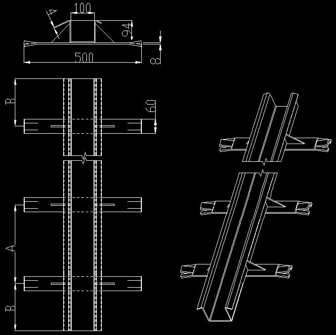 Technický výkres -žlab profilovaná ocel tloušťky 4 mm -světlá šířka 100 mm, světlá výška 90 mm LL AA BB 3,0 m 666 mm 500 mm 3,5 m 833 mm 500 mm 4,0 m 1000 mm 500 mm 4,5 m 875 mm 500 mm 5,0 m 1000 mm