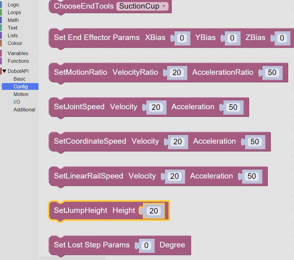 V programu nejdříve nastavte parametry ramene z knihovny DobotAPI vyberte Config a na pracovní