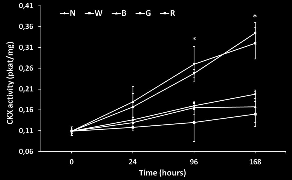 4.1.3 CKX activity In order to investigate if a decrement in the endogenous CK content due to irreversible degradation by CKX is the cause of the increase in the senescence rate, CKX activity was