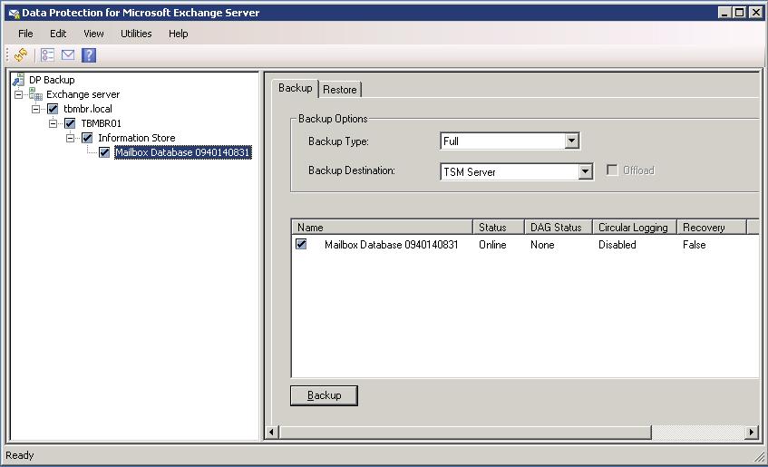 3.2 Backup Zde nám klient nabízí výběr toho, co chceme zálohovat (výběr databází v rámci Exchange serveru) a jaký typ zálohy chceme provést (Full, Diff, Incr).