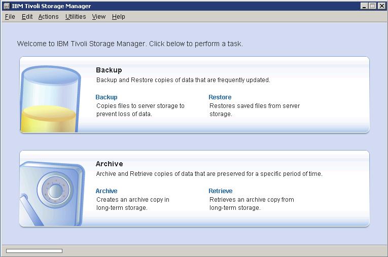 Úvodní okno GUI klienta nabízí v horní části základní menu a v centrální části čtyři funkcionality: Backup záloha souborů Restore obnova zálohovaných souborů Archive archivace souborů Retrieve obnova