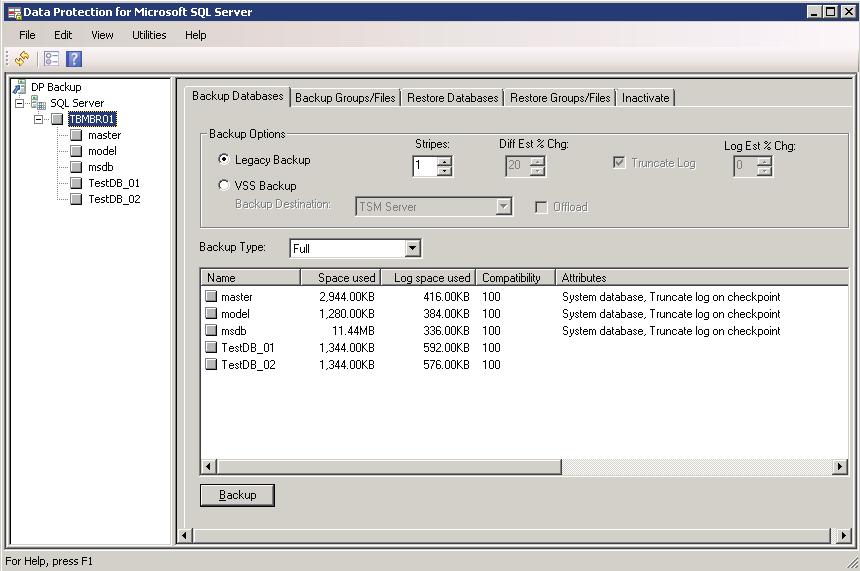 2.2 Backup Databases Zde nám klient nabízí výběr toho, co chceme zálohovat (výběr databází v rámci SQL serveru) a jaký typ zálohy chceme provést (Full, Diff, Log).