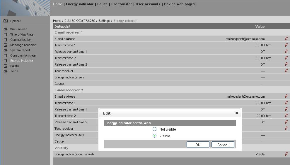 7.2.5 Viditelnost Indikátoru spotřeby energie Konfigurace viditelnosti Viditelnost symbolu "Indikátoru spotřeby" se konfiguruje v administrátorské a servisní přístupové úrovni web serveru.