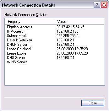 3. Klikněte na [ Details...] V příkladu má PC přidělenou IP addresu 192.168.2.199 a subnet mask 255.255.255.0. Default gateway a DNS server mají IP adresu 192.168.2.1. Pro nastavení web serveru můžete použít následující údaje: IP adresa: Volná adresa v místní síti.